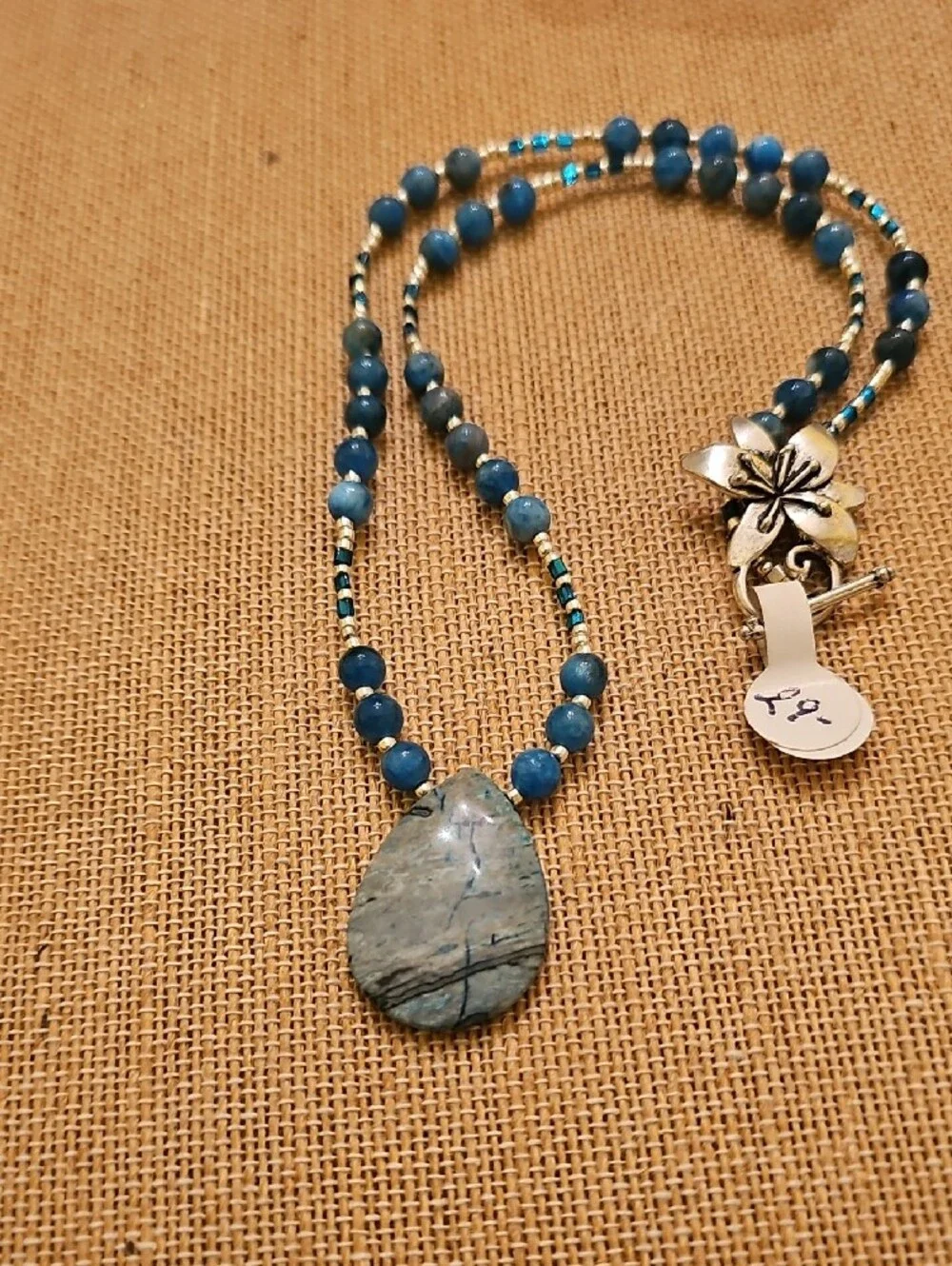 Blue Beaded Necklace with Natural Stone Pendant - Women's Jewelry